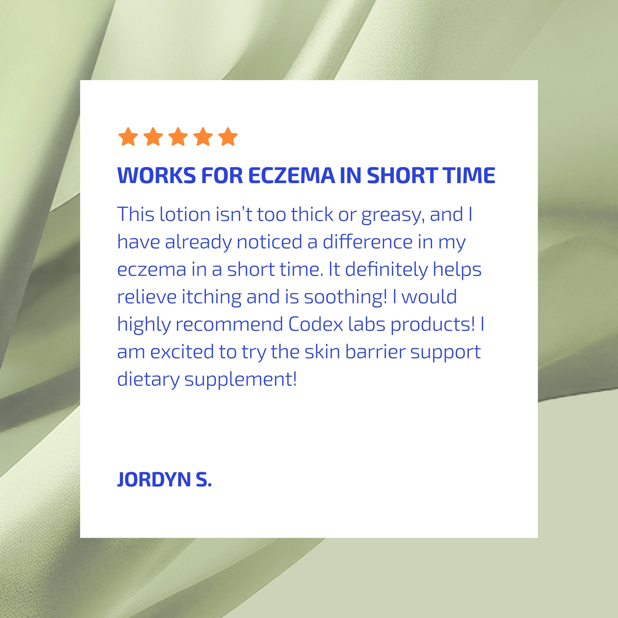 Product review card for Codex Labs lotion with five-star rating and positive feedback on effectiveness for eczema.
