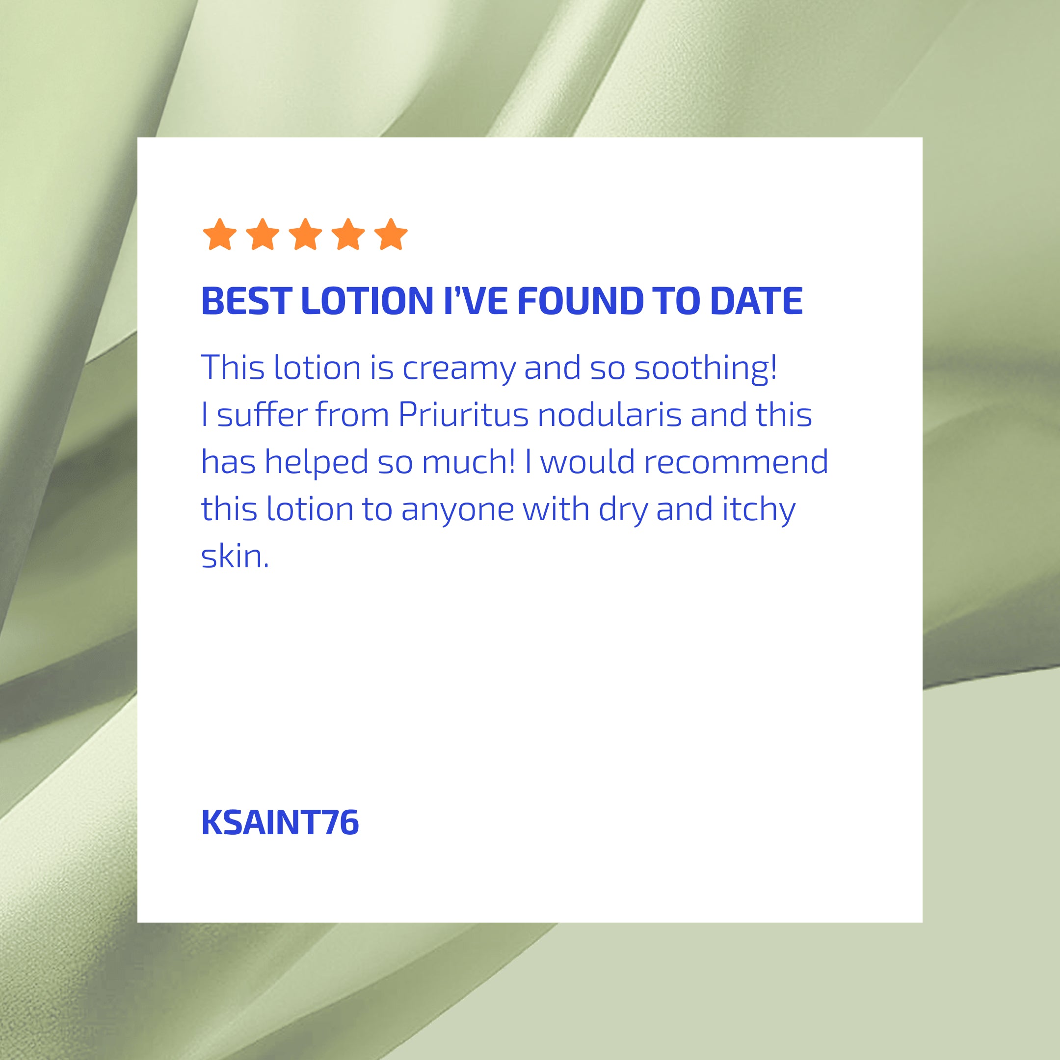 Product review card with five-star rating and text on a green abstract background