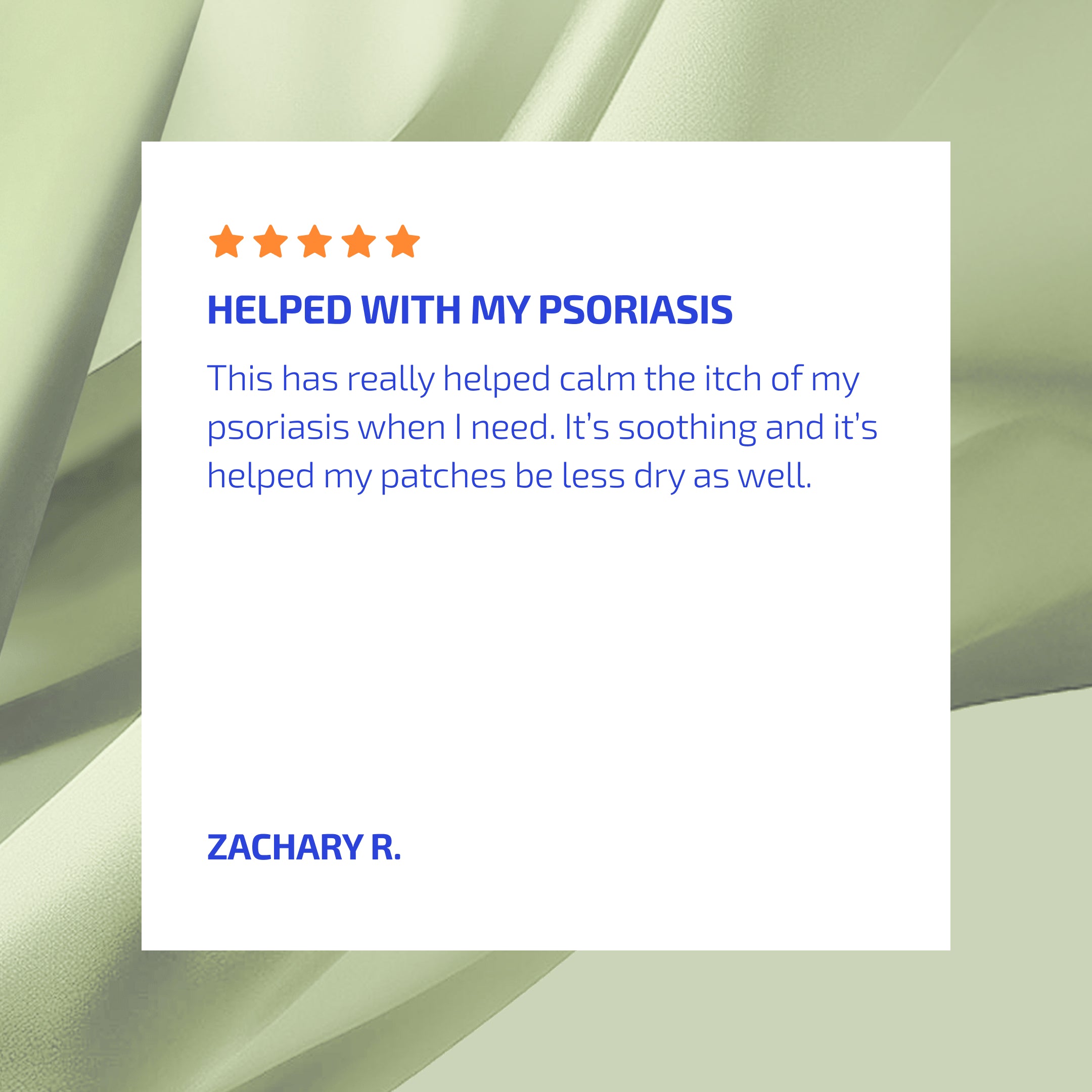 Product review card for psoriasis treatment with five-star rating and customer feedback on a light green abstract background.
