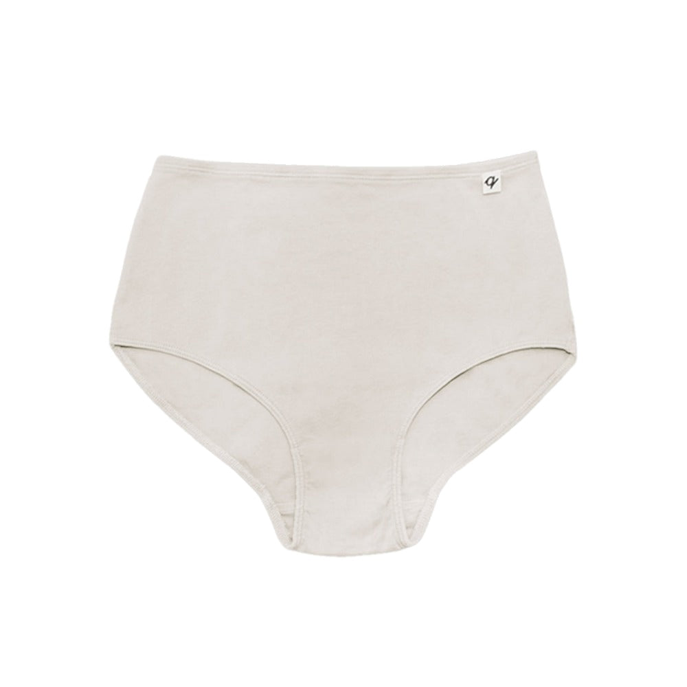 Front view of undyed organic cotton classic brief, tagless and breathable for sensitive skin