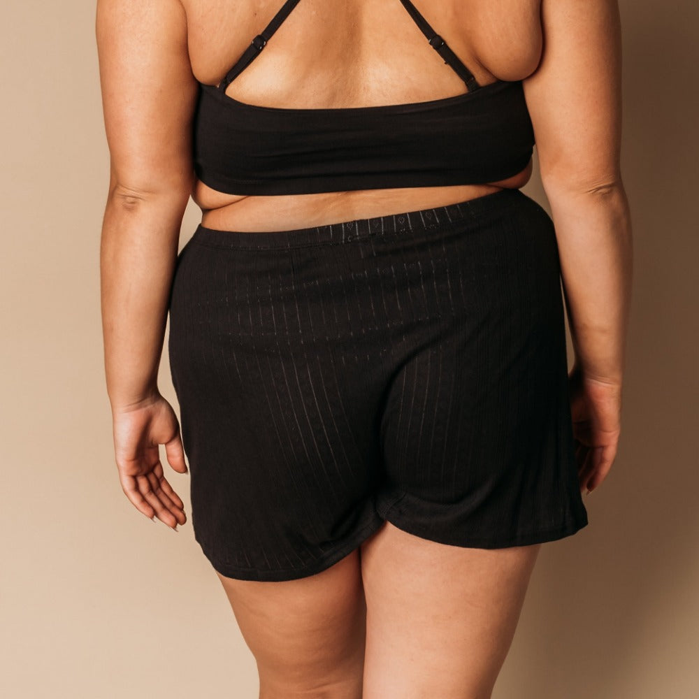 Rear view of soft black organic cotton boxers with a relaxed fit that won't cling to irritated skin