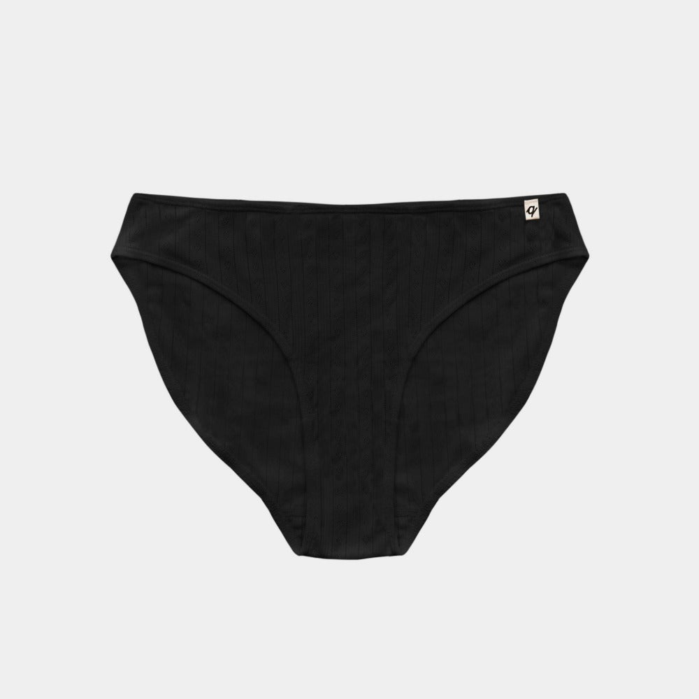 Q for Quinn Pointelle French Cut Bikini in black organic cotton, underwear for eczema-prone skin