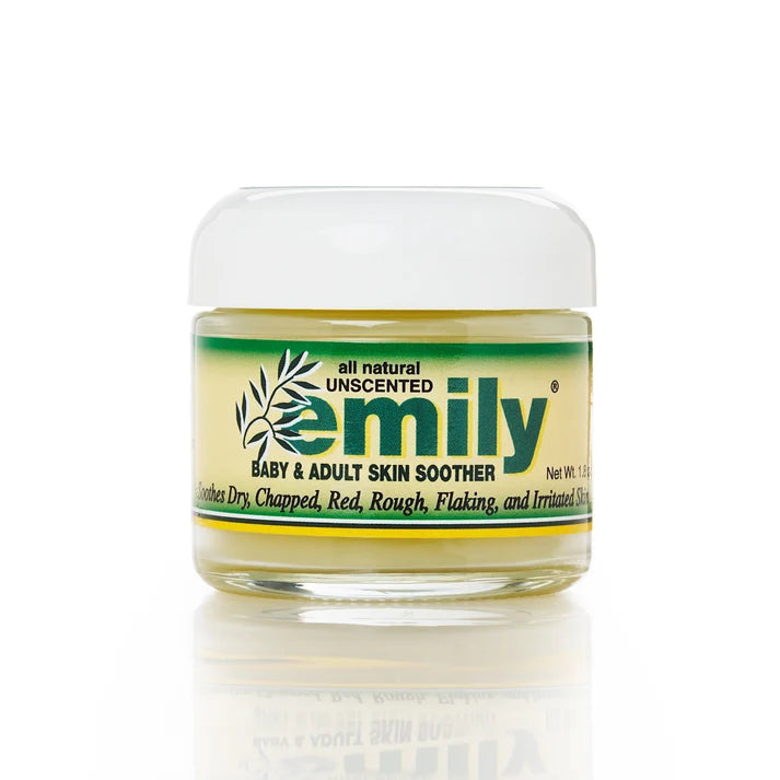 Jar of 'Emily' baby and adult skin soother on a white background