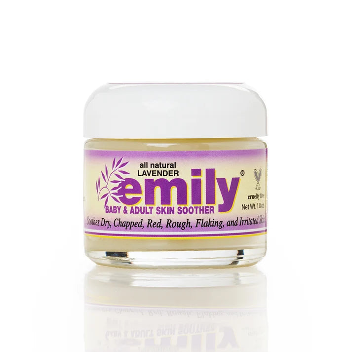 A jar of Emily Baby & Adult Skin Soother with lavender scent, featuring a white lid and a purple label, set against a clean white background with a soft reflection.