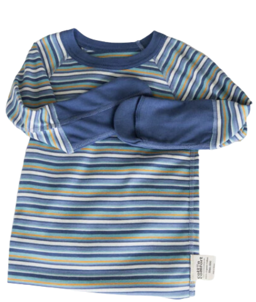 Full View of Multi Stripe Organic Cotton Closed Eczema Mittens for Kids