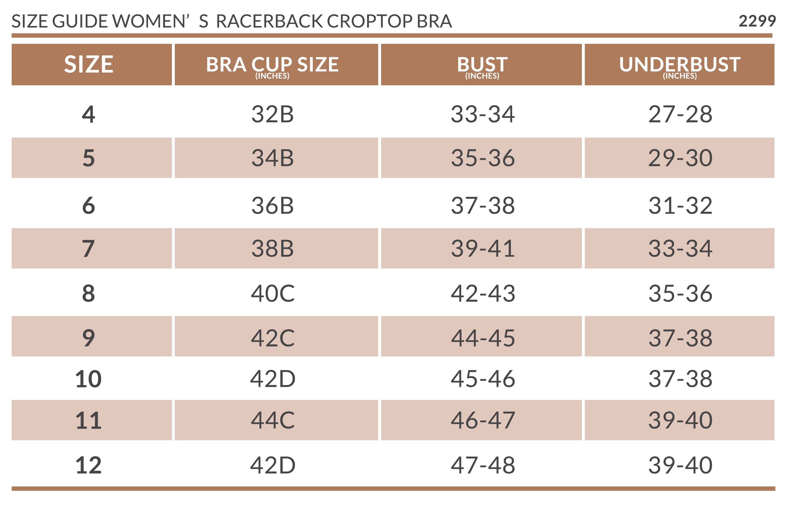 sizing guide - women's racerback croptop bra