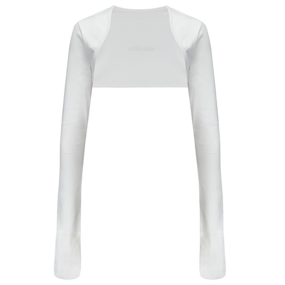 Front view of adult scratch sleeves with anti scratch mitt in shape of model, without model. Color is white.