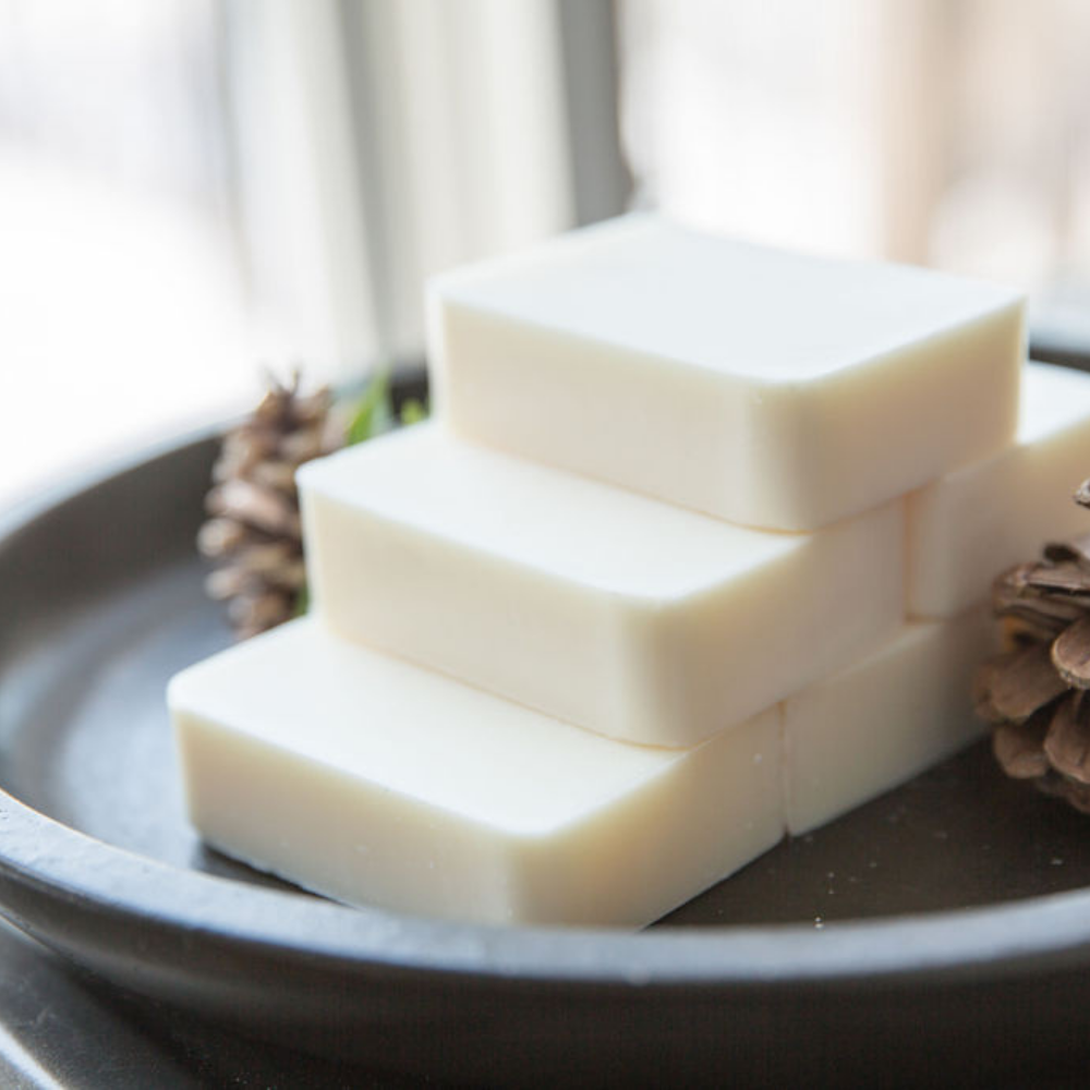 6 coconut and sunflower oil soap bars stacked in a dish with pine cones next to them.