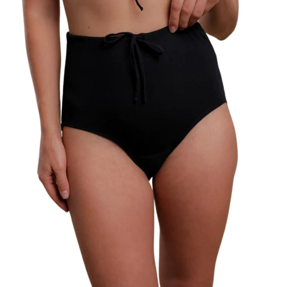 Drawstring elastic free panties in a high waisted style in black on a model.