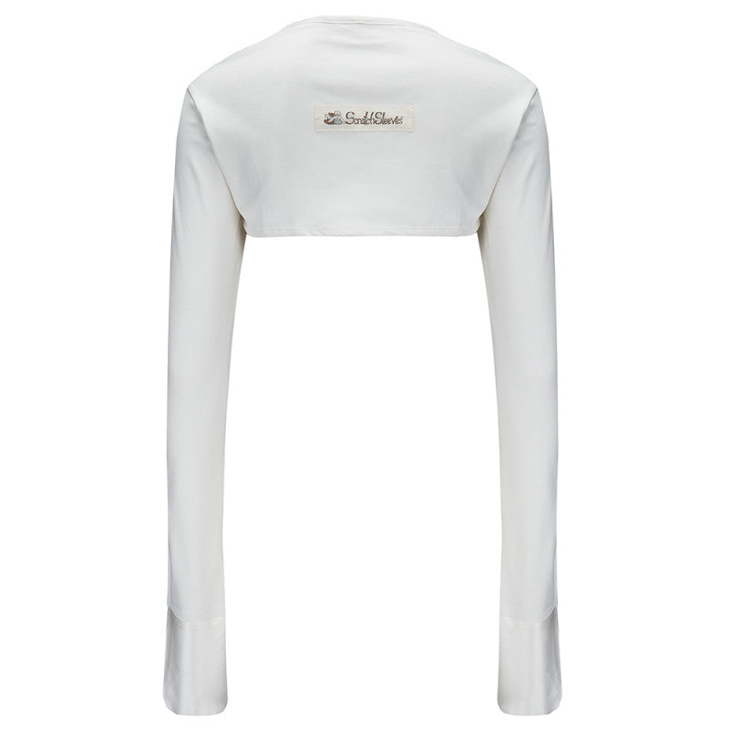 Back view of adult scratch sleeves with anti scratch mitt in shape of model, without model. Color is white. Logo if visible across back.