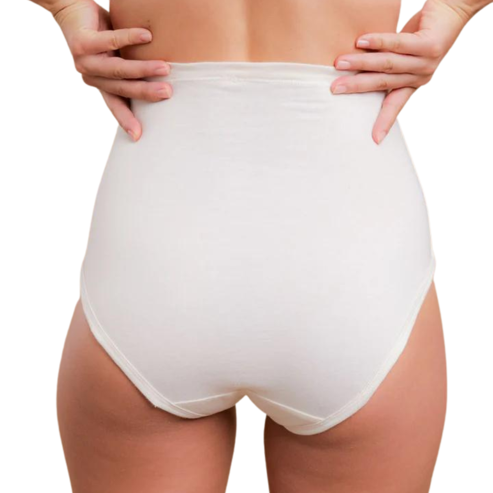 Drawstring elastic free panties in a high waisted style in white on a model from the rear..