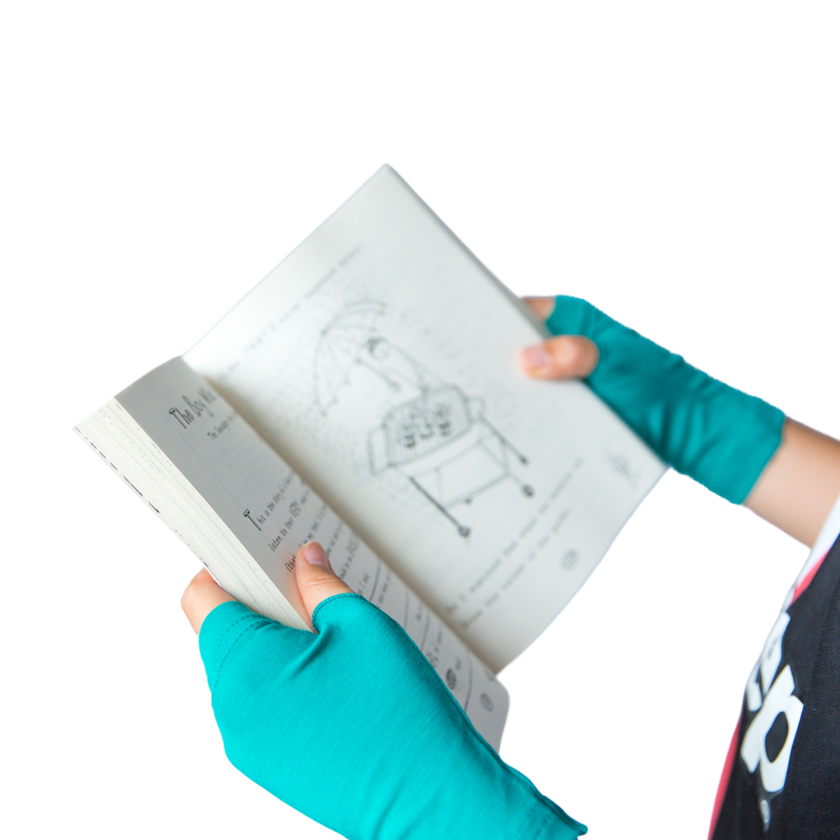 Child reading a book while wear teal Remedywear eczema gloves for toddlers and kids.
