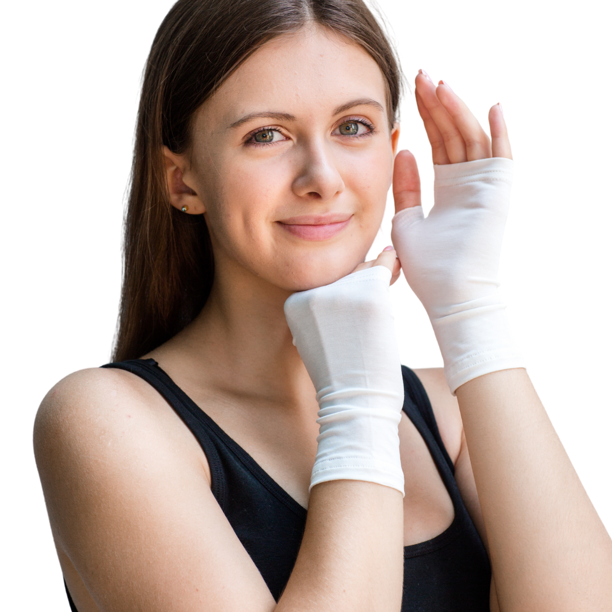 Young woman smiling with her hands cradling her face and covered in the Remedywear fingerless gloves for adults.