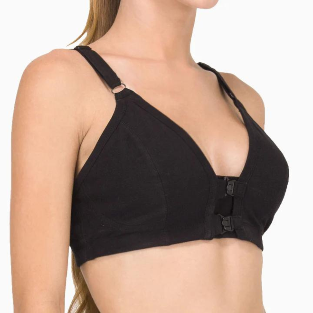 Front Closure Bra in black cotton, front view