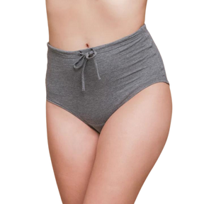 Drawstring elastic free panties in a high waisted style in grey on a model.