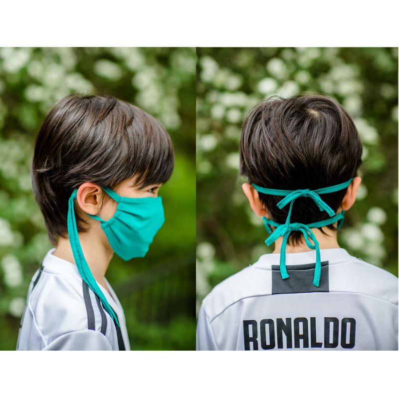 Two images side by side of the two ways to tie the mask for easy methods for taking it on and off quickly. First one is a boy wearing a Remedywear 3 ply face mask with the straps tied around his ears. The second is a view from the back showing the straps tied in the back.
