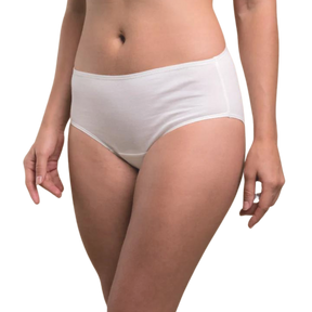 Organic cotton latex free panties in a waist brief style in white on a model.