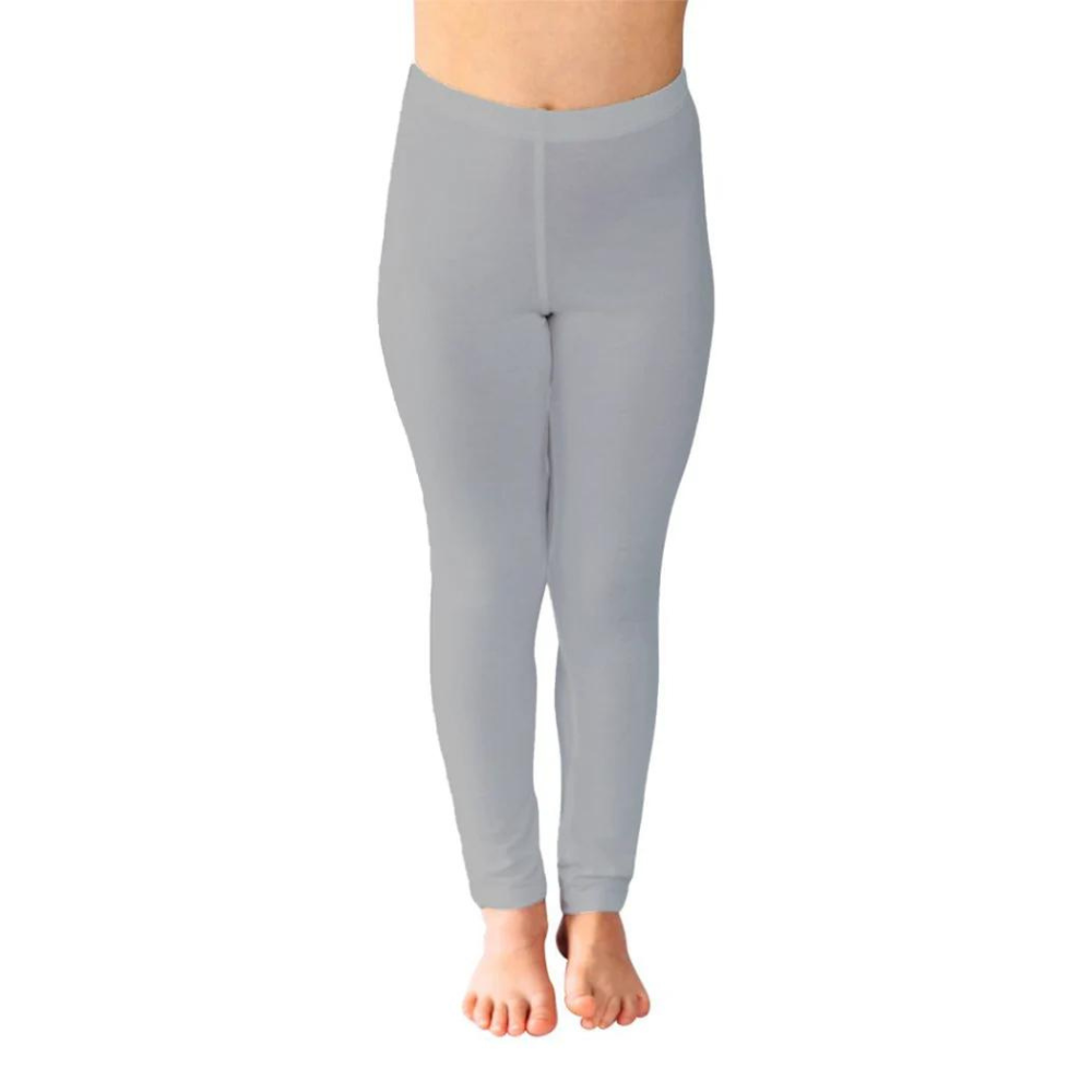 Grey Remedywear pants for kids on model with white background.