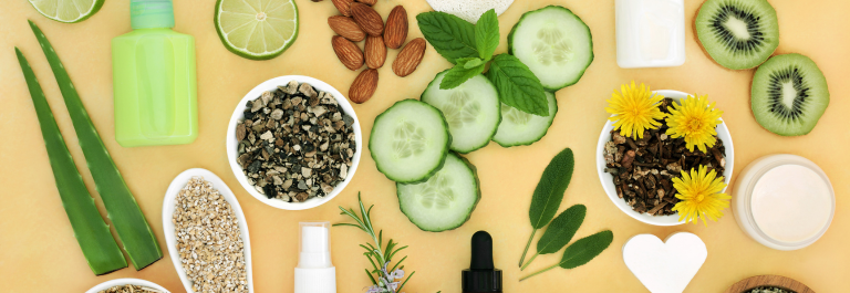 assortment of natural skincare solutions including aloe vera and cucumber