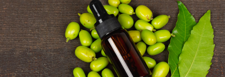 neil oil in a brown jar surrounded by small, yellow-stoned fruits