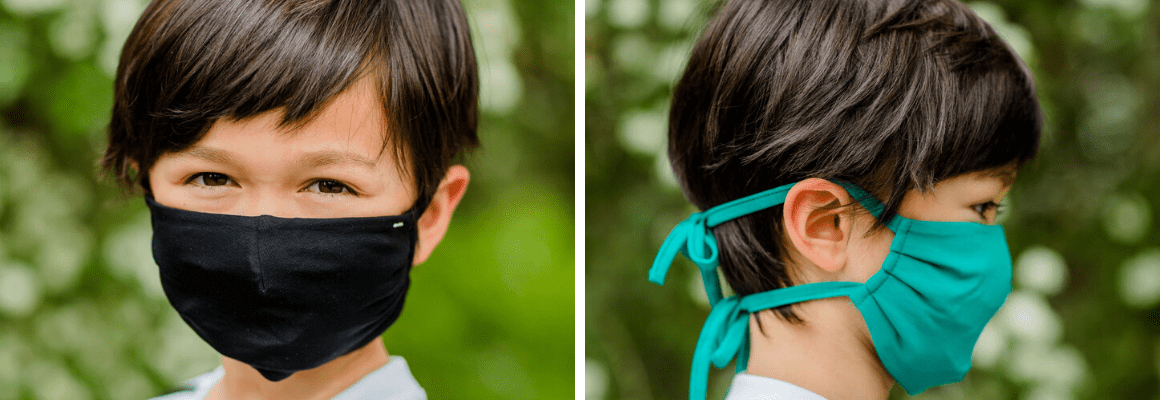 little boy wearing washable face mask - front view and side view