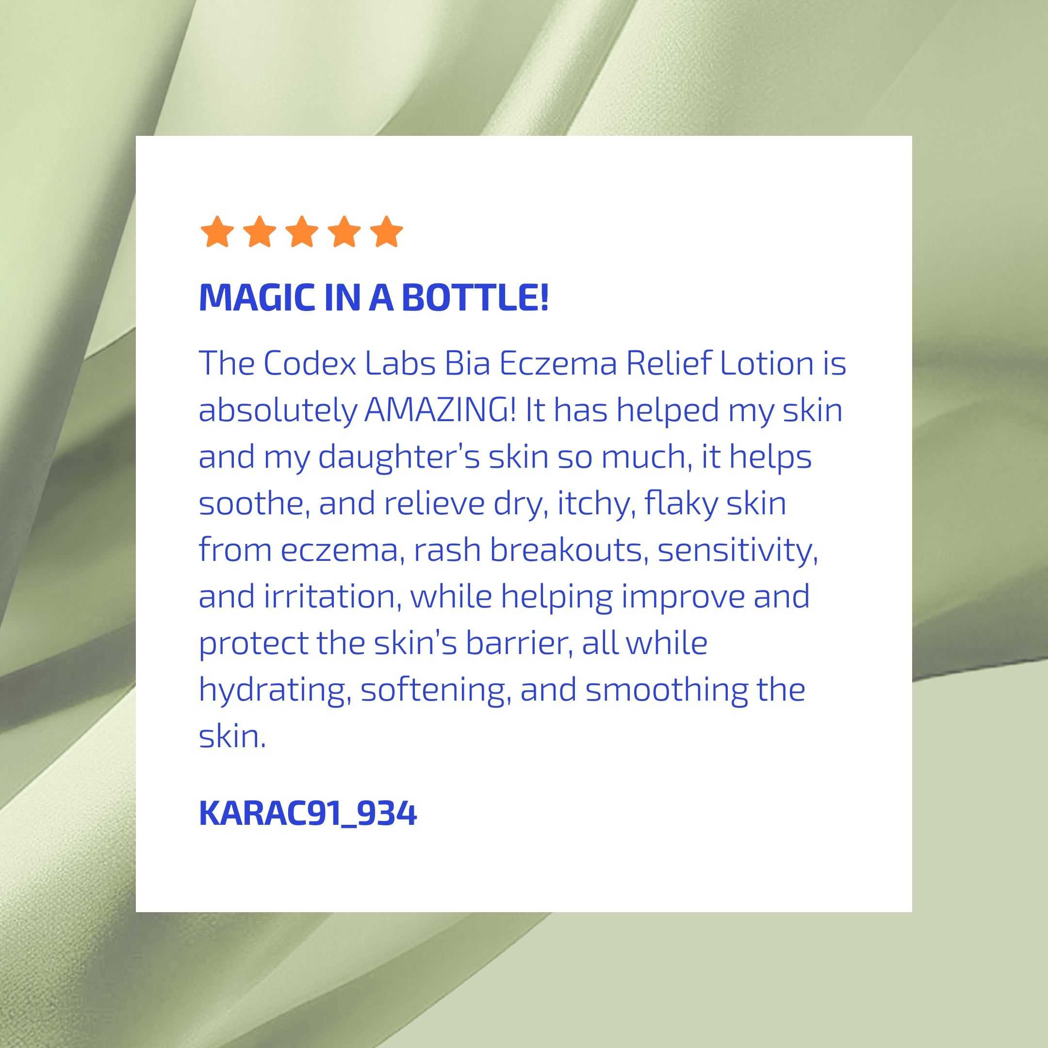 Product review for Codex Labs Bia Eczema Relief Lotion with five-star rating and positive comments.