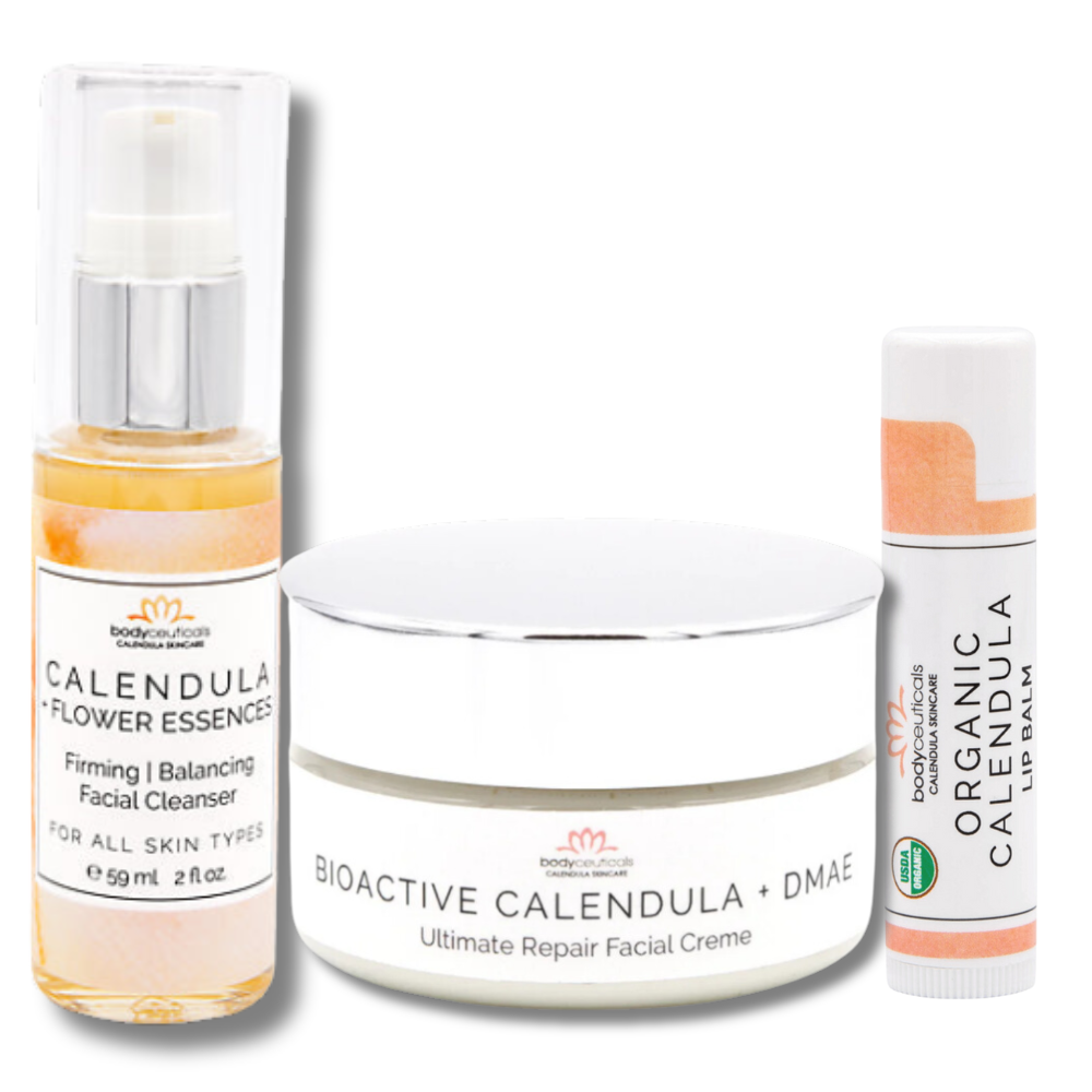 A grouped image of the Bodyceuticals Facial Bundle products, including the Calendula Face Eczema Cream, Organic Calendula Eczema Face Wash, and Eczema Lip Balm.