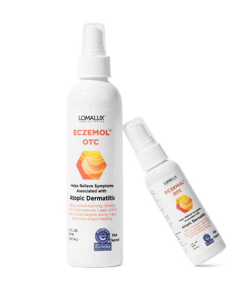 2oz Eczemol OTC Topical Skin Spray leaning on 8oz