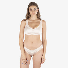 women wearing 100% Pure Silk and Organic Cotton Wireless Bra and matching underwear for sensitive skin