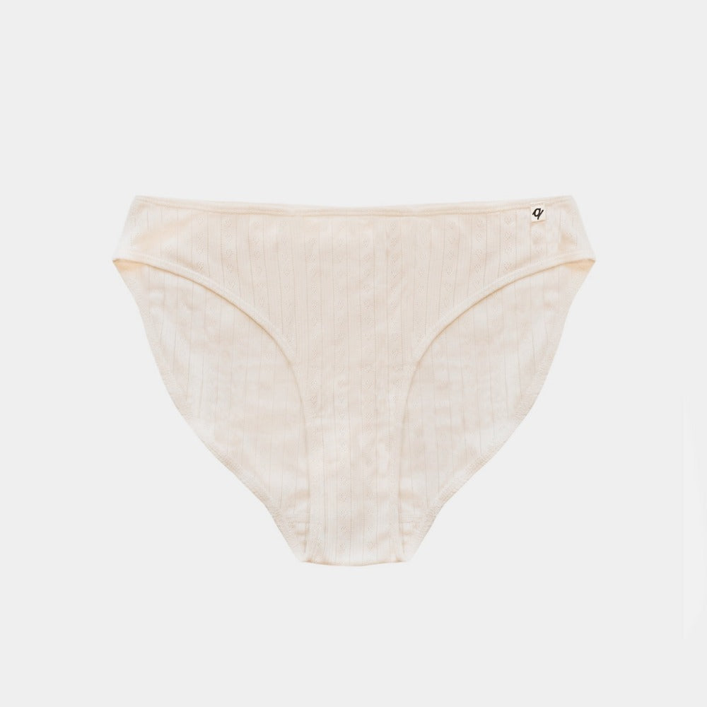 Natural organic cotton French cut bikini laid flat, breathable pointelle underwear for sensitive skin