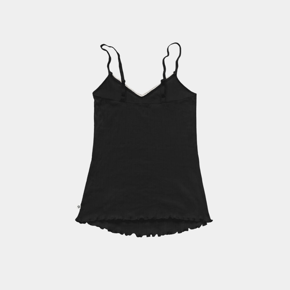 Back of the black pointelle tank top with adjustable straps, breathable organic cotton