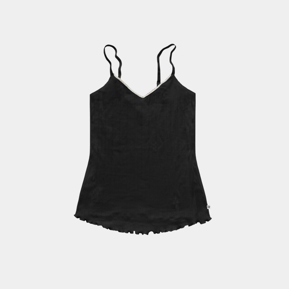 Q for Quinn black Pointelle Tank Top in organic cotton with lace trim, for eczema-prone skin