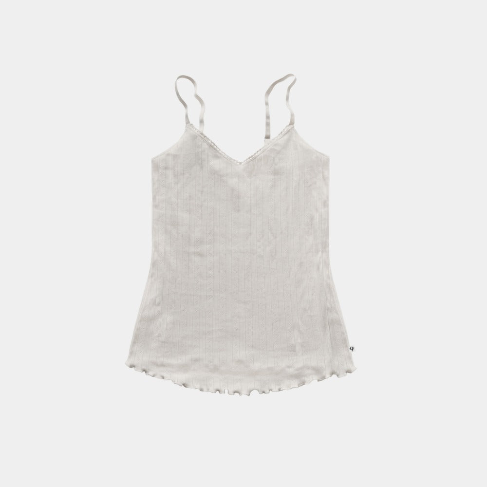 Natural organic cotton pointelle tank top with scalloped hem, a gentle camisole for sensitive skin