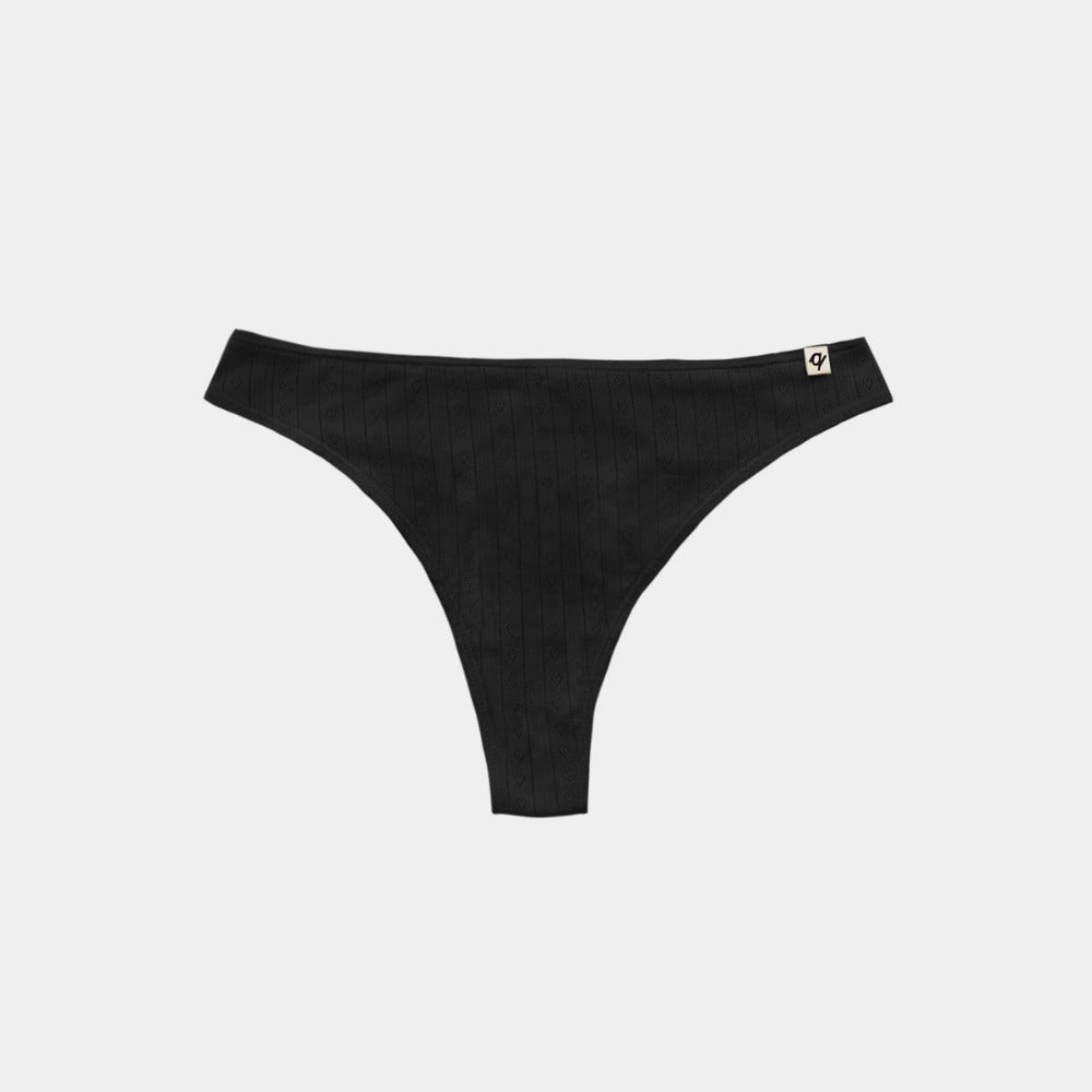 Q for Quinn black Pointelle Thong in 100% organic cotton, a gentle thong for eczema-prone skin