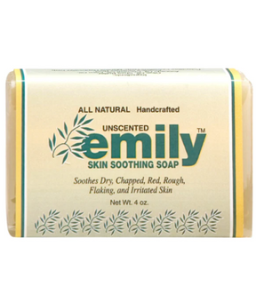 One bar of emily skin soother's soap for eczema with chinese herbs on a white background.