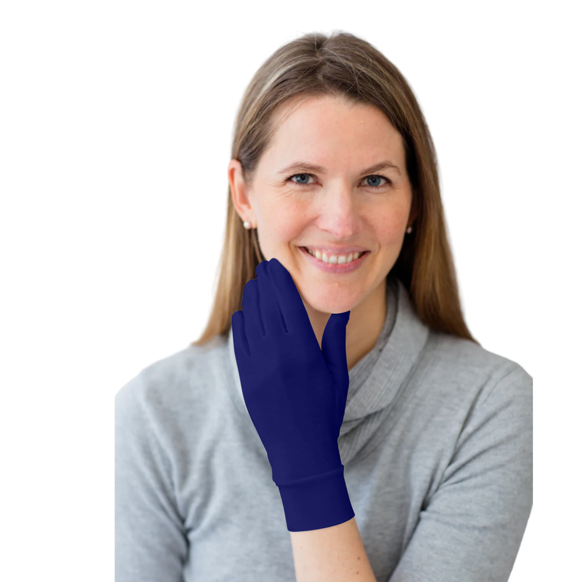 woman wearing navy eczema gloves