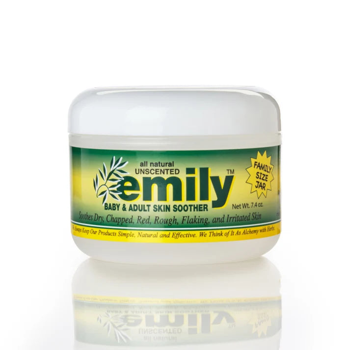 Jar of 'Emily' baby and adult skin soother on a white background