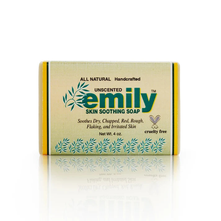 Bar of Emily skin soothing soap on a white background