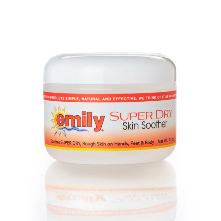 Jar of 'Emily Super Dry Skin Soother' on a white background