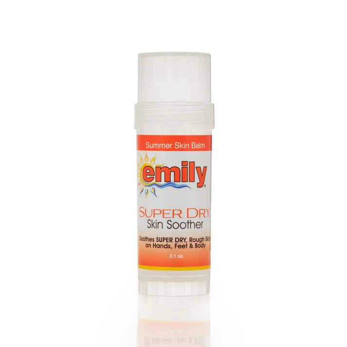 A 2 fl oz stick container of emily Summer Skin Balm, Super Dry Skin Soother, featuring a white cap and a white label with orange and red text and graphics, set against a plain white background with a soft reflection.
