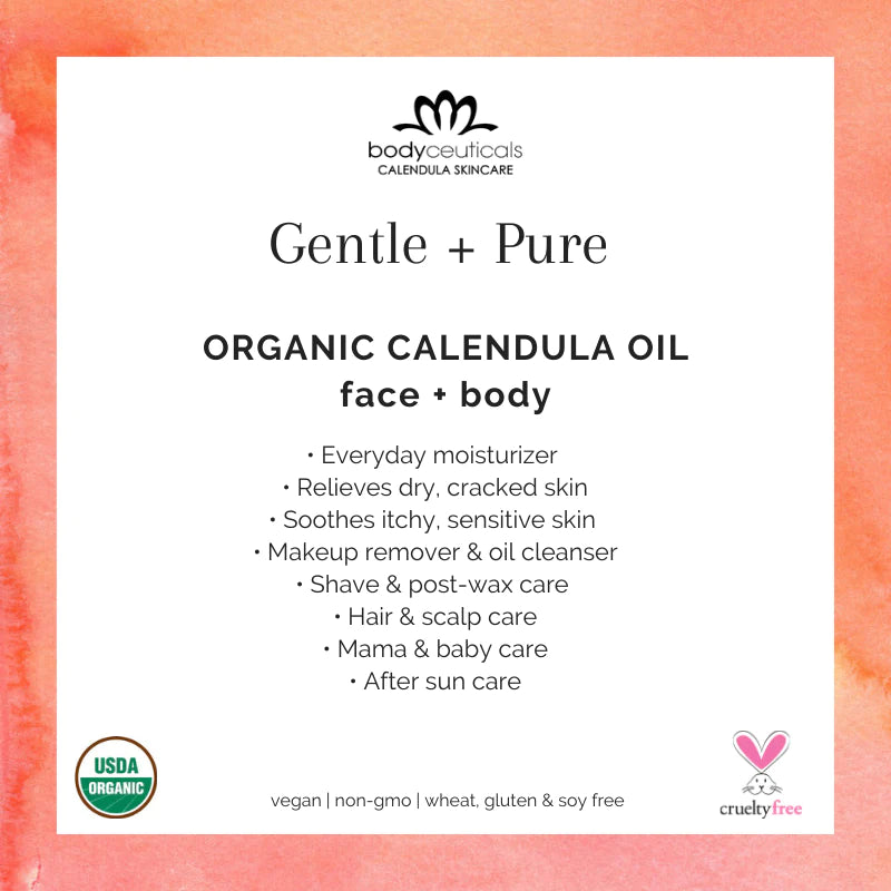 Image that says "gentle and pure" and how to use the oil.