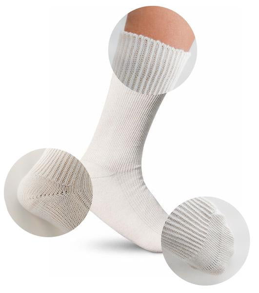 white organic cotton socks with ribbing and closeup details of the top band, and reinforced heel and toe