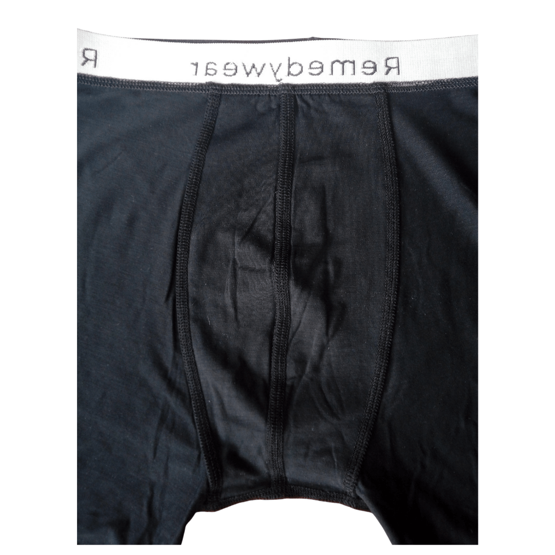 Close up of inside of the cup area of the Remedywear boxer brief showing the flat seams.