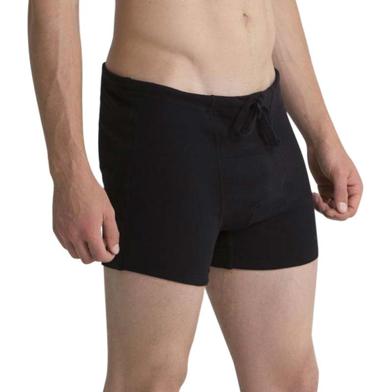 100% organic cotton drawstring boxer briefs in black from a side angle on a model.