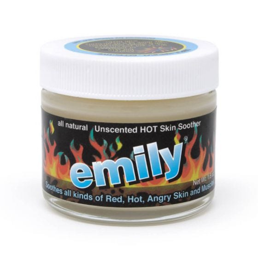 One jar of emily's hot skin soother on a white background.