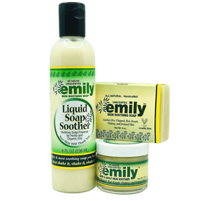 Chinese Herbal Eczema Bundle with one bottle of liquid soap soother, one bar of soap and one jar of balm.