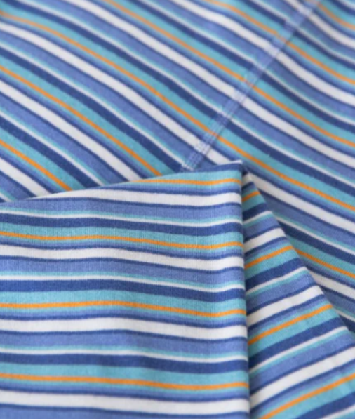 Close up of the striped pattern showing light blue, dark blue, gold and white.