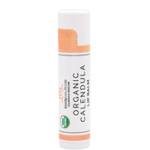Organic calendula lip balm tube on white background.