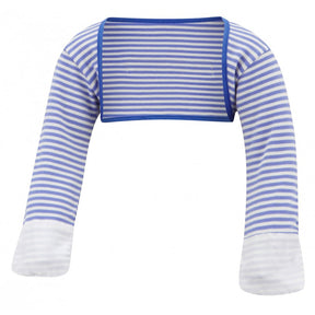 Blue and white Striped Cotton Scratchsleeves with scratch mittens on form, but not a model.