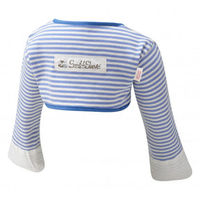 Blue and white Striped Cotton Scratchsleeves with scratch mittens on form, but not a model from the rear view.